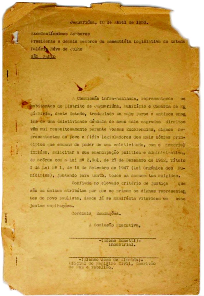 Carta da Comissão formada para discutir a emancipação e enviada para a Assembléia Legislativa em 30 de abril de 1953