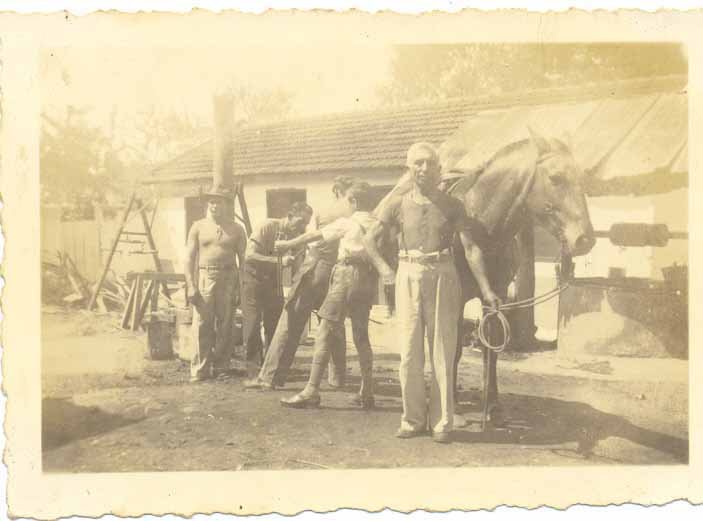 Família Mantovani no trabalho na ferraria: Roberto, Odoni (pai do Moacir), José, Irineu e o avó Humberto