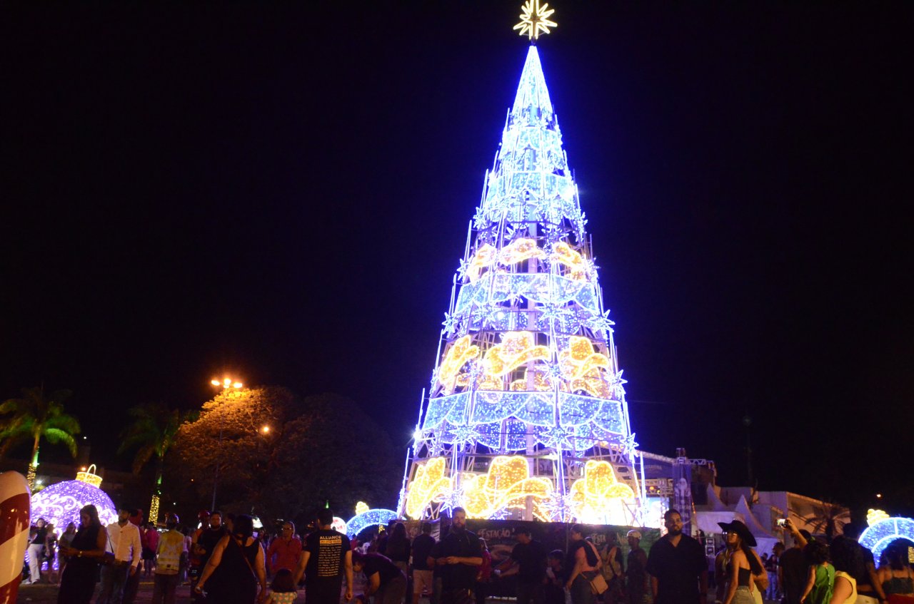 Grande rvore de Natal traz detalhes do slogan da cidade: Capital Country do Brasil (Foto Gislaine Mathias)